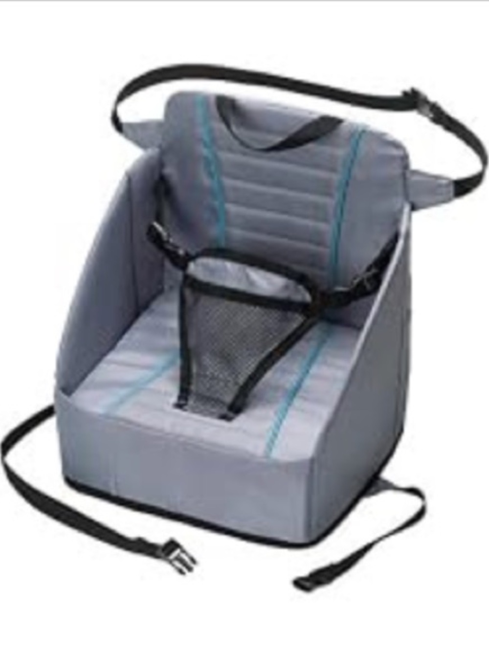 Eddie Bauer Gray Kids Travel Booster Seat with Black Safety Straps and Blue Trim